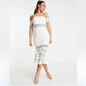 Bardot Midi Dress with pep hem in guipure lace